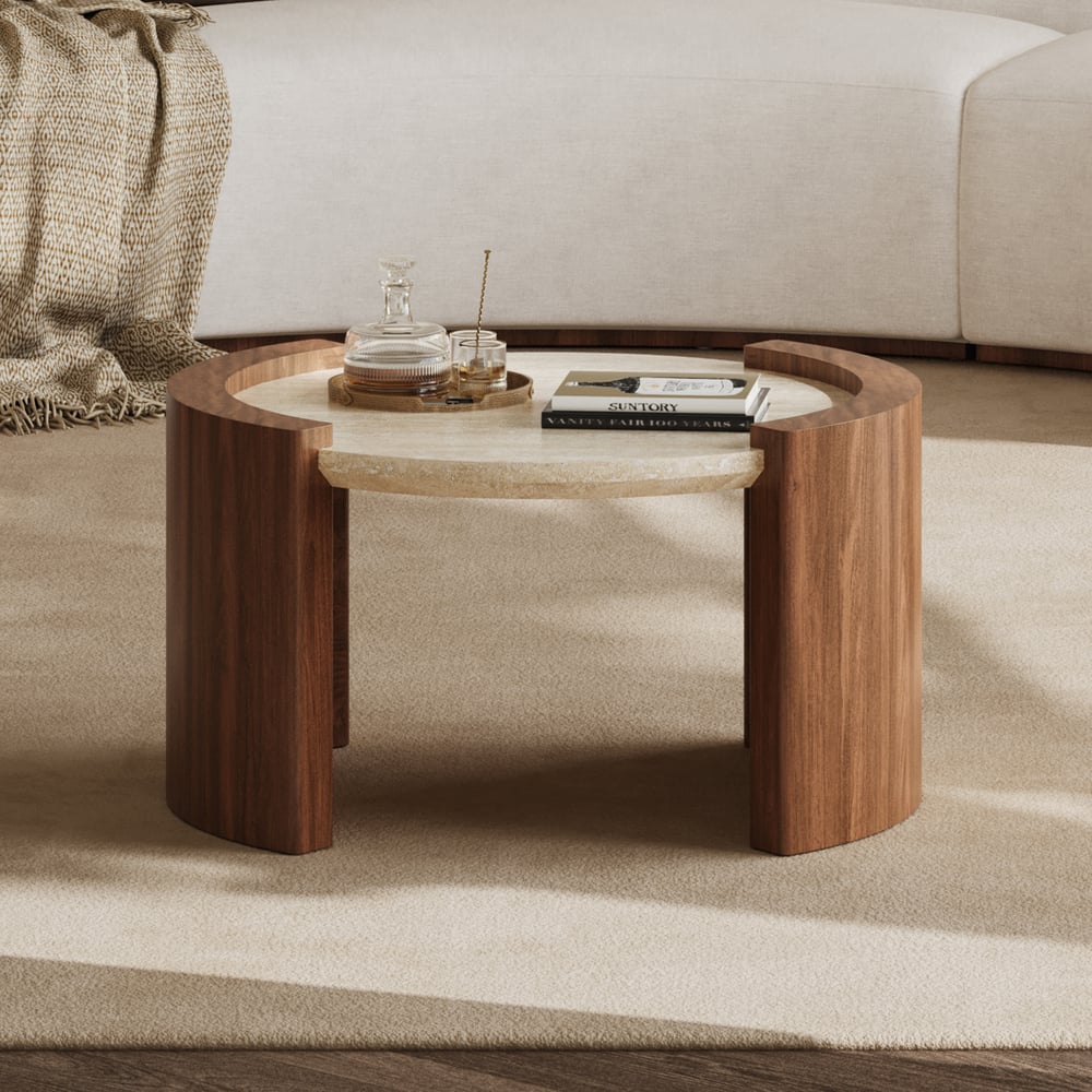 Table basse ronde en noyer de 28 pouces avec plateau en travertin image de fenêtre