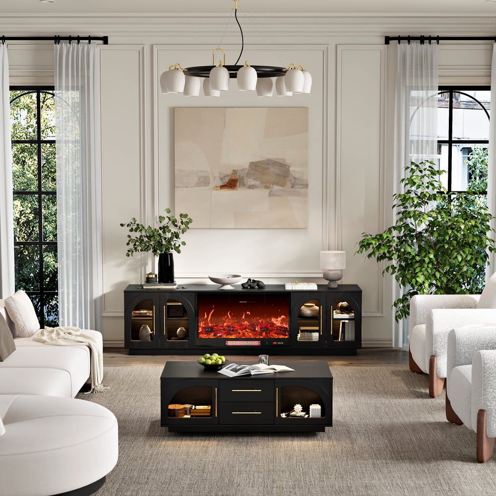 Arune 80" Arched Glass Doors TV Stand with Electric Fireplace & Remote Control window image