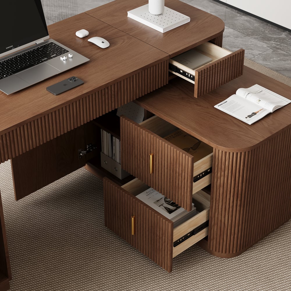 Modern 60" L-Shape Walnut Executive Desk with Drawers & Cabinet Right Hand window image