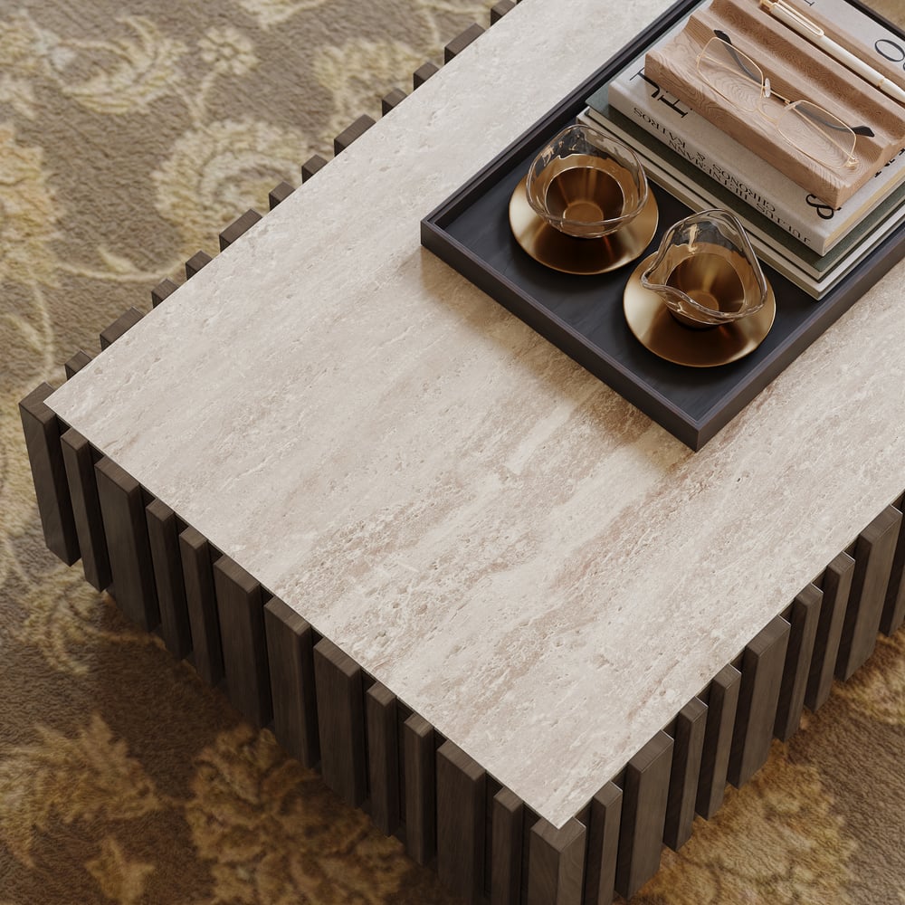 Aura 47" Ash Wood Slatted Coffee Table with Sintered Stone Top window image