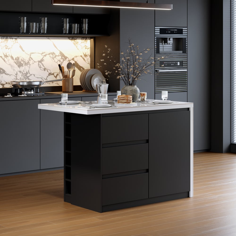Modern 50" Glossy Sintered Stone Kitchen Island with Storage, White & Black window image