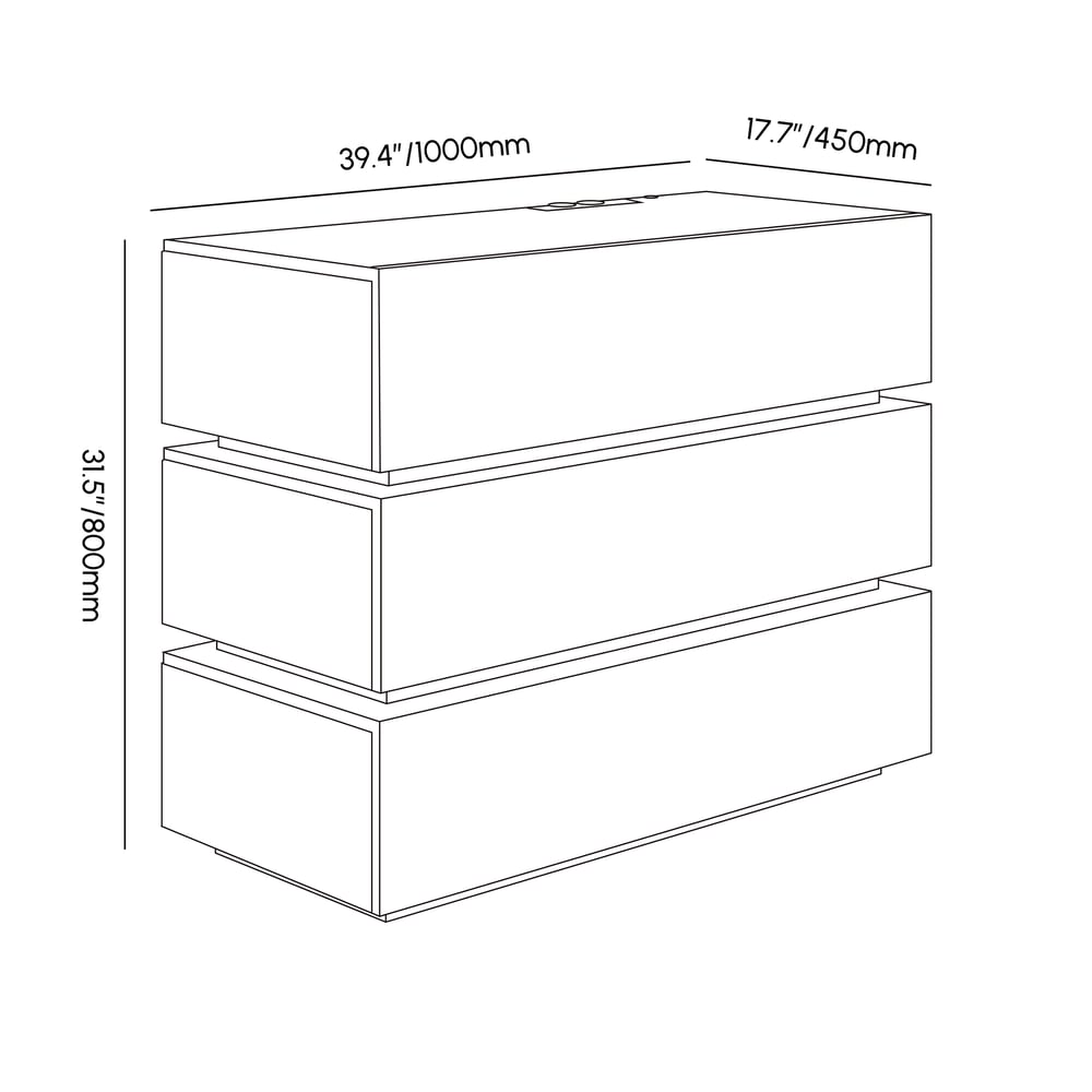 Commode à 3 tiroirs à DEL Lumio de 39 po avec borne de recharge Poids, dimensions, image