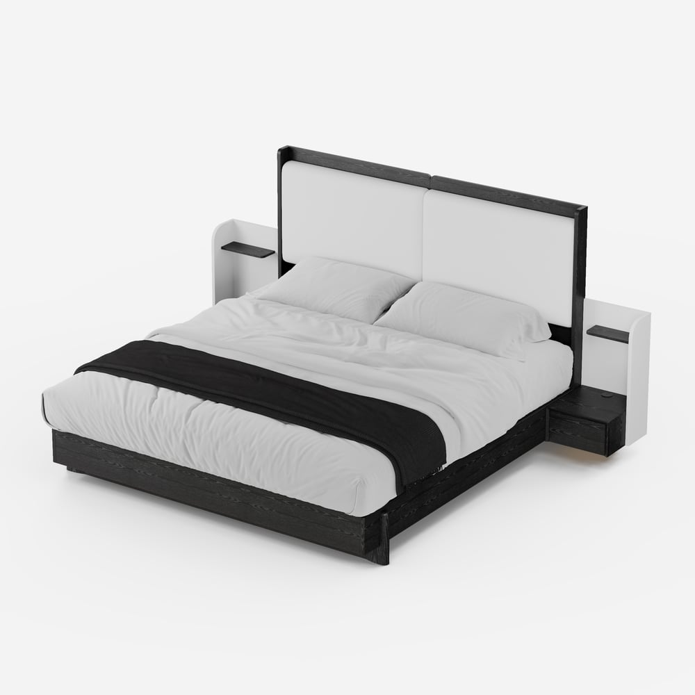 Massief houten kingsize bed met leren verlengd hoofdbord en zwevende slimme nachtkastjes set Vensterafbeelding