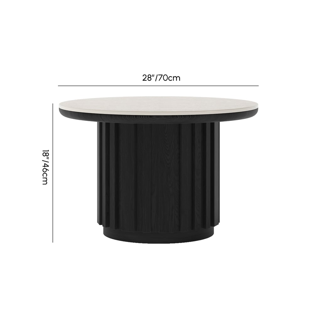 Table basse ronde à lattes en bois de frêne Aura avec plateau en pierre frittée Poids, dimensions, image