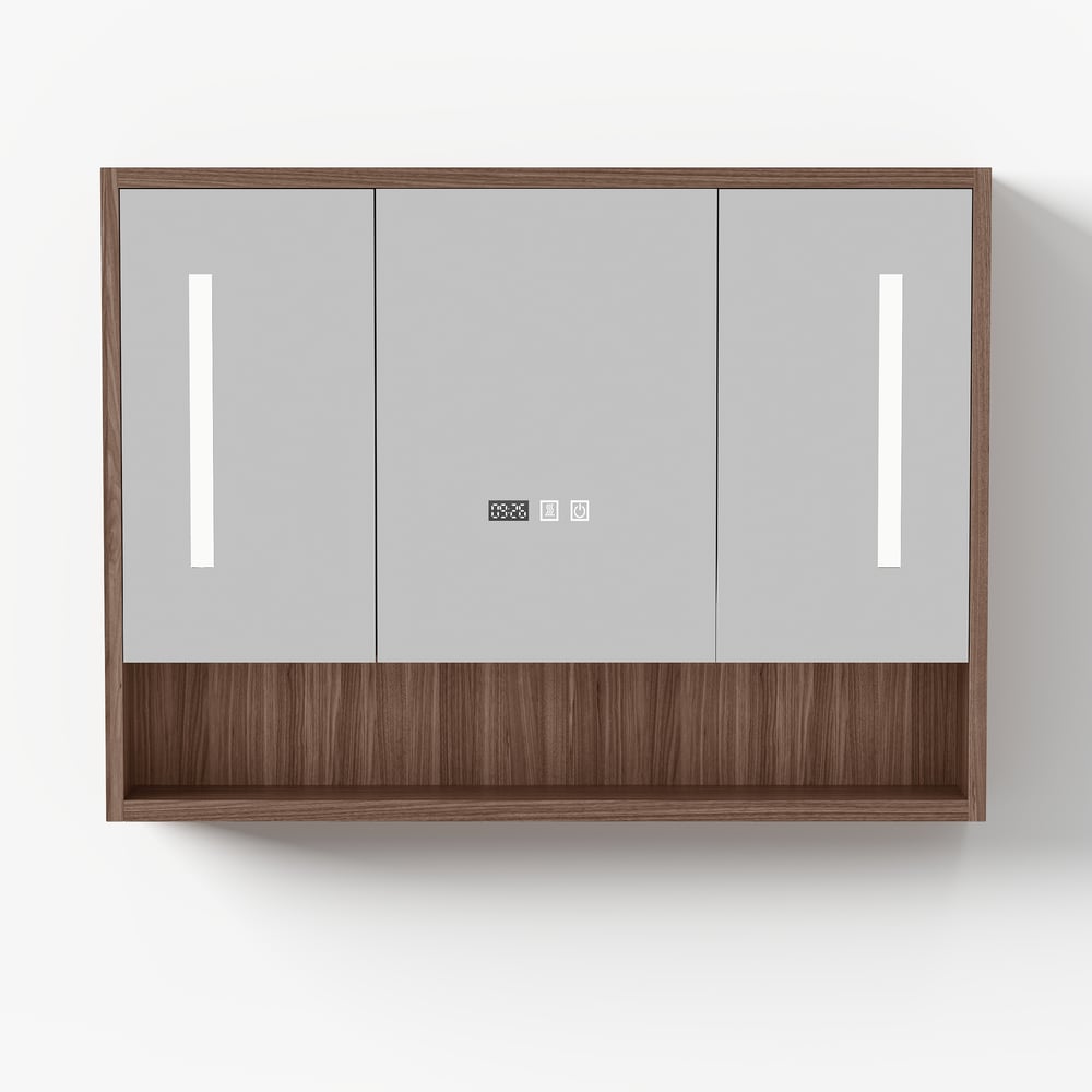 39" Walnut LED Medicine Cabinet with Adjustable Lighting, Demister and Digital Clock window image