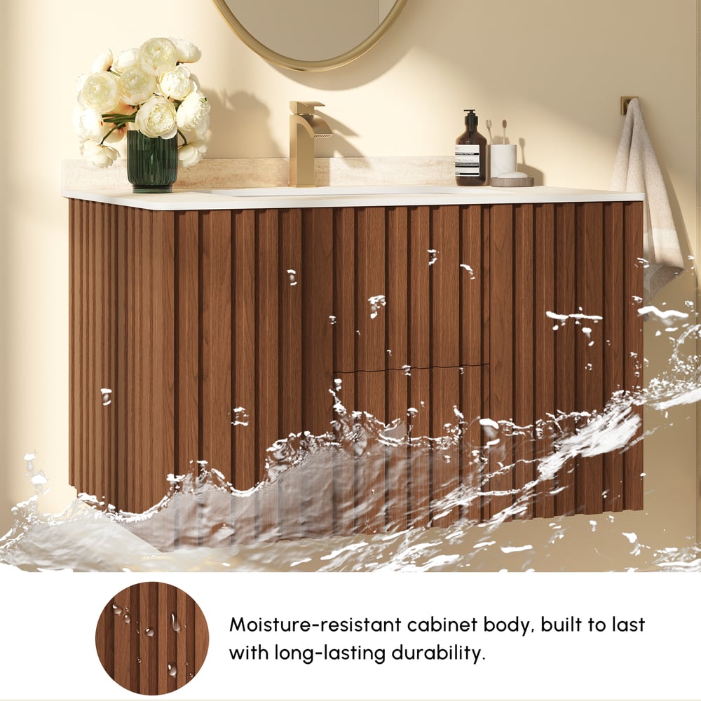 Aura 36" Bathroom Vanity with Light Ash Wood Slatted Panels Faux Travertine Top window image