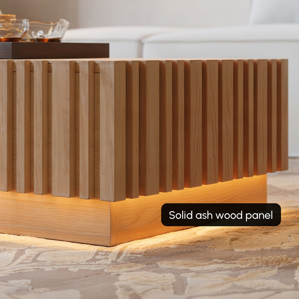 Table basse à lattes Aura 47" en bois de frêne avec plateau en pierre frittée image de fenêtre