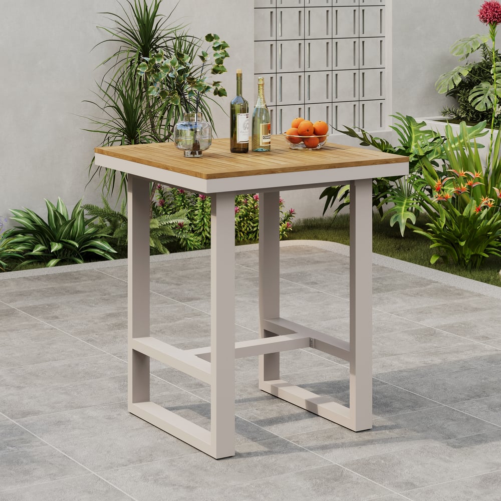 Tevara Outdoor Square Bar Table with Teak Wood Slat Top & Aluminum Frame in Sand window image