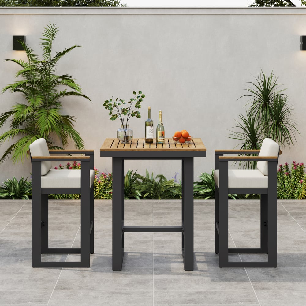 Tevara Outdoor Square Bar Table with Teak Wood Slat Top & Aluminium Frame in Dark Grey window image