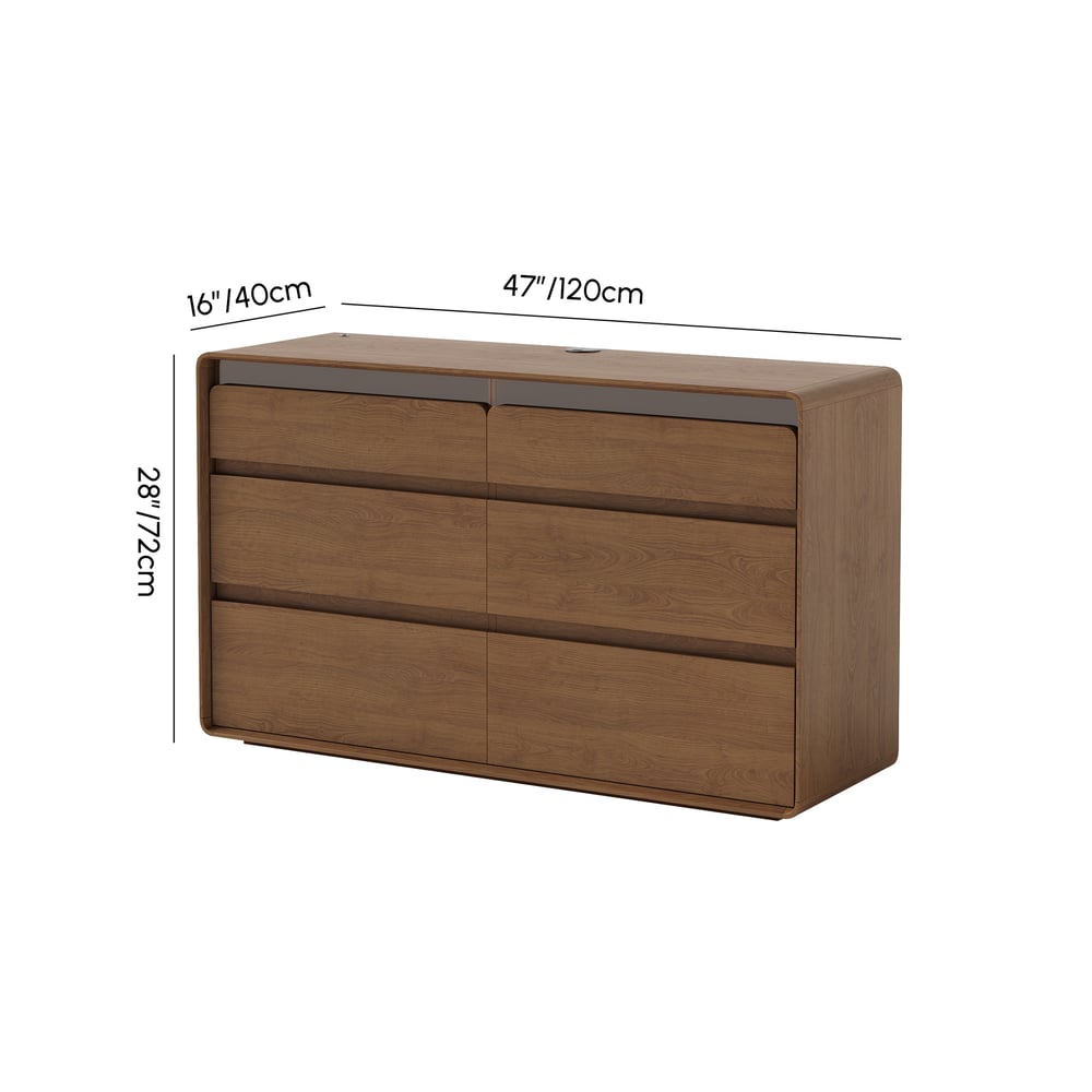 Meloa 47" Wooden Walnut 6-Drawer Dresser with Light and Charging Station weights dimensions image
