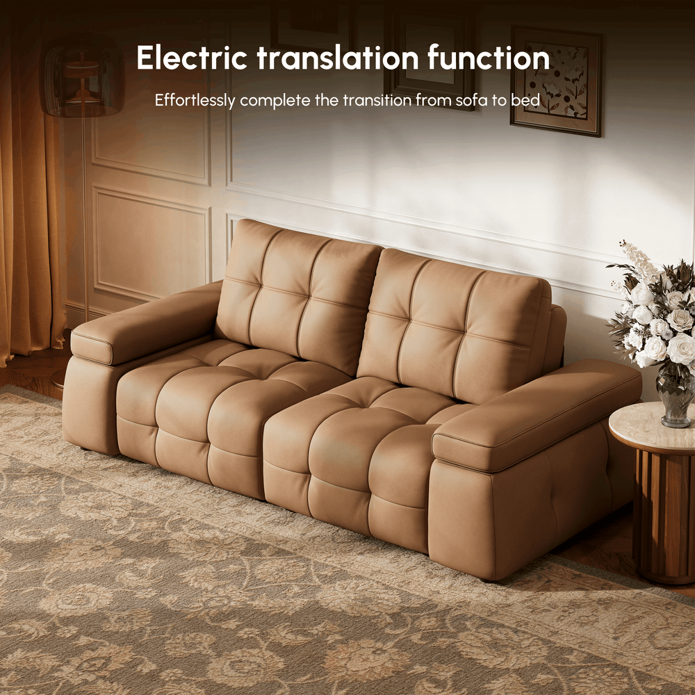 95" 2-Seater Genuine Leather Power Convertible Sleeper Sofa with adjustable armrests window image