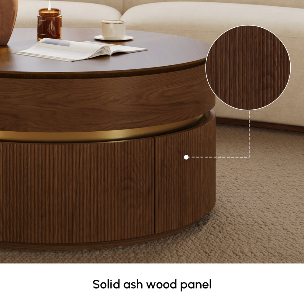 Table basse ronde en noyer à plateau relevable cannelé de 32 pouces avec 2 tiroirs image de fenêtre