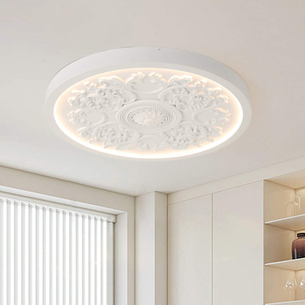 French Elegant White Resin 3D Carved LED Dimmable Flush Mount Ceiling Light window image