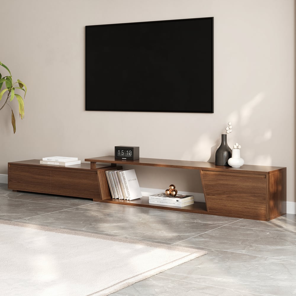 Ensemble meuble TV Fero en bois blanc et noyer, meuble TV extensible et table basse rectangulaire image de fenêtre