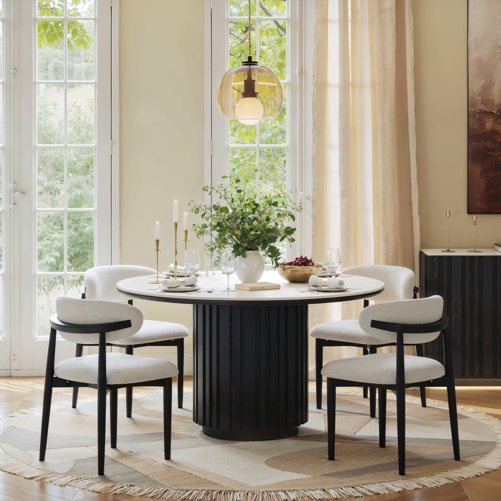 Aura 47" Round Black Faux Travertine Sintered Stone Dining Table, Fluted Base, Seats 4 window image