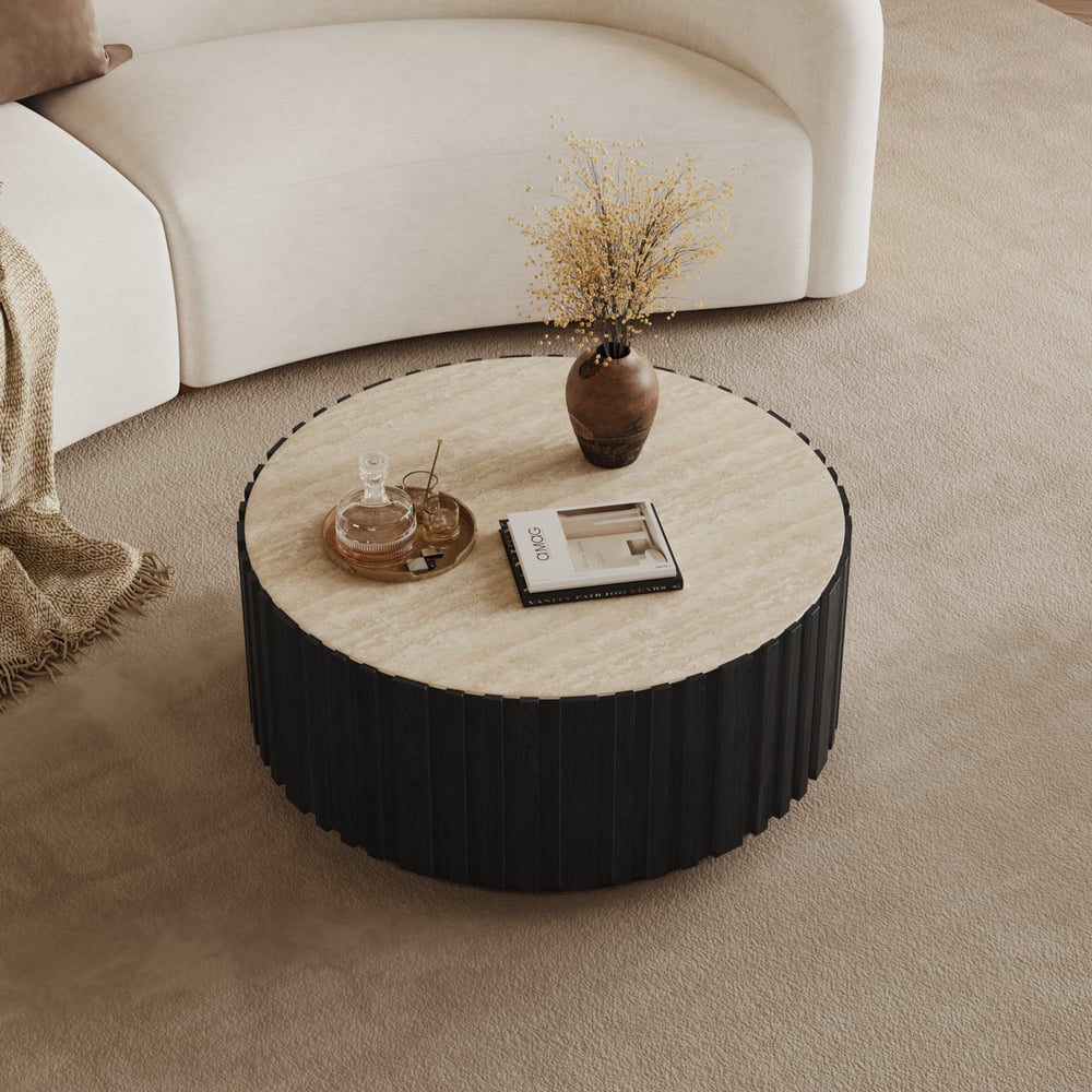 Aura 35" Round Black Slatted Sintered Stone Coffee Table with 2 Drawers window image
