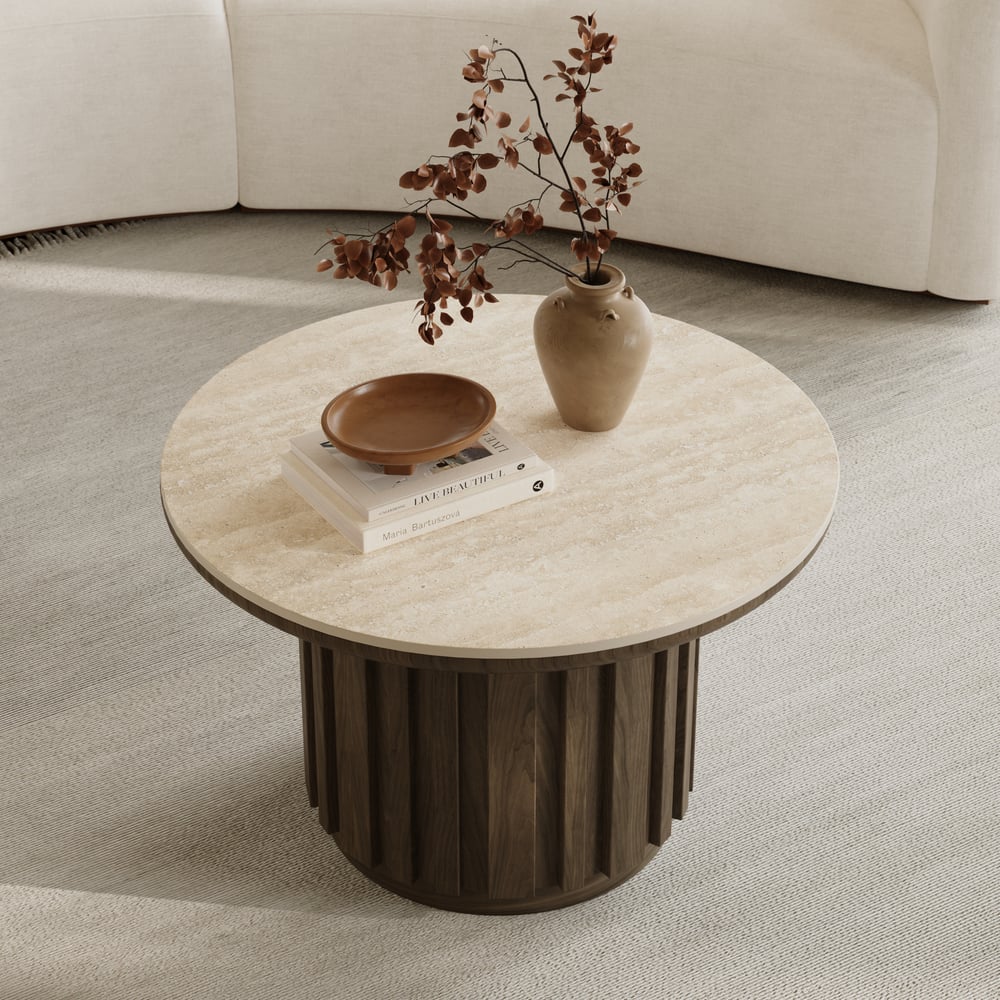 Table basse ronde à lattes en bois de frêne Aura avec plateau en pierre frittée image de fenêtre