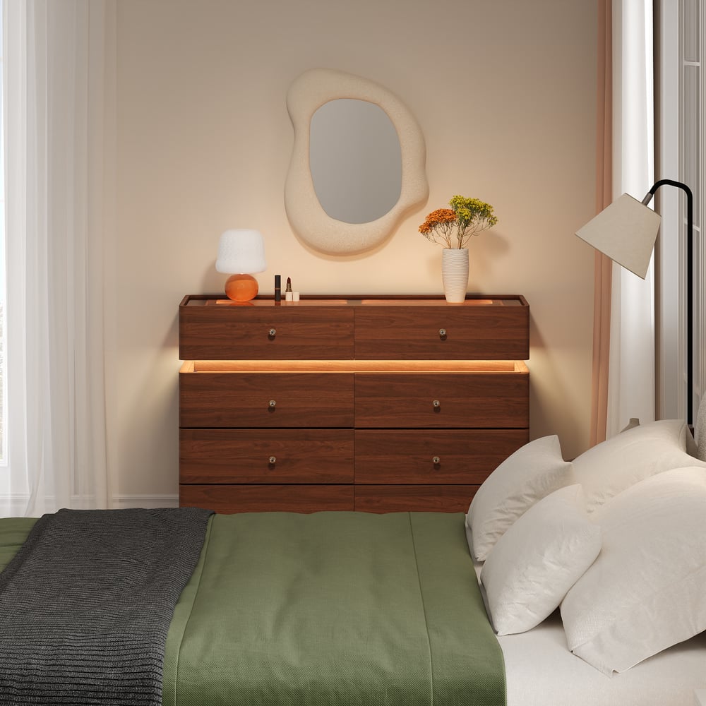 Modern 47" Tempered Glass Top 8-Drawer White Dresser with LED & Jewelry Trays window image