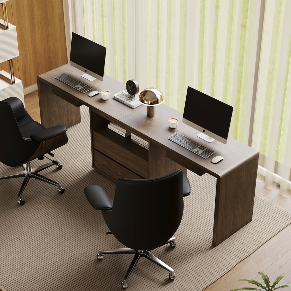Modern 94" Rectangular Smoked Brown Double Desk with Drawers, Seats 2 window image