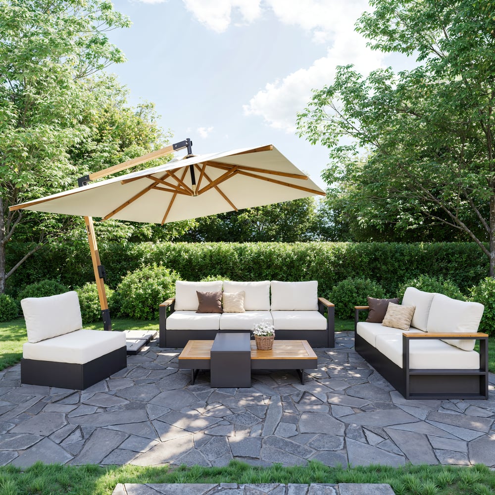 Tevara 6-Person Outdoor Sofa Set with Wood & Aluminum Frame, Dark Gray & Warm White window image