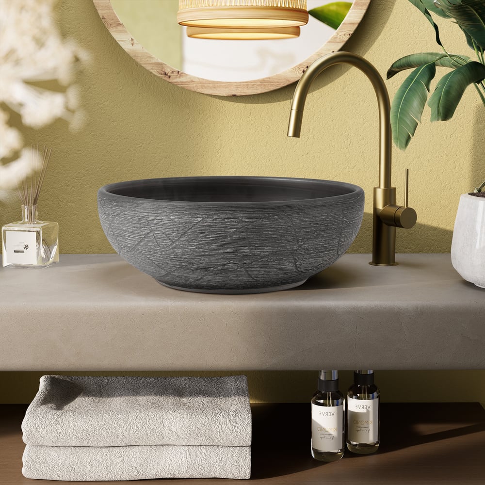 Vasque de salle de bain ronde en céramique grise de 40cm – évier à poser avec glaçure mate image de fenêtre
