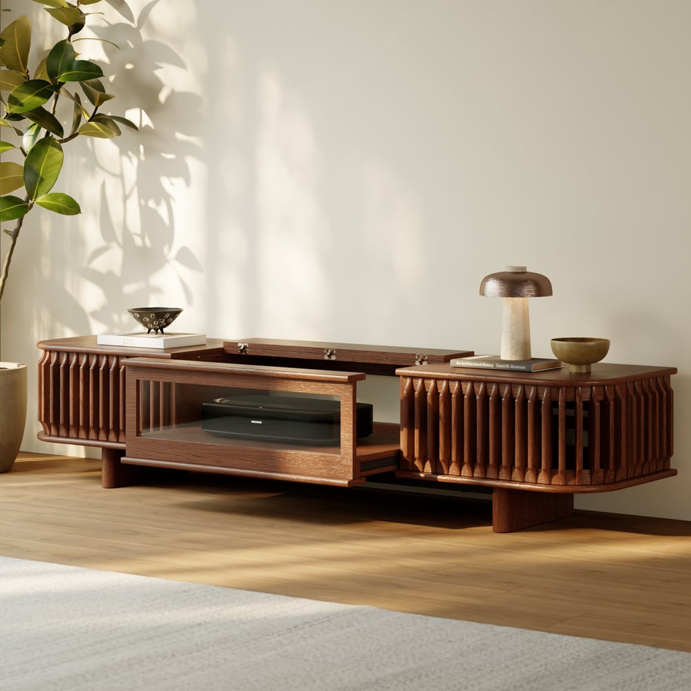 80" Ash Wood Fluted Walnut Projector TV Stand with LED window image
