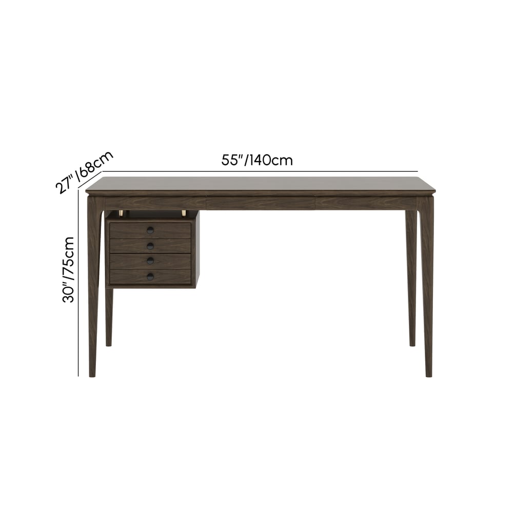 Tanic bureau 140 cm van essenhout, rookbruin, met 3 laden Afbeelding met gewichten en afmetingen