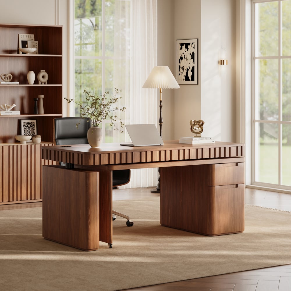 Aura 63" Walnut Flutted 360-Degree Rotating Desk Electric Adjustable Standing Desk window image
