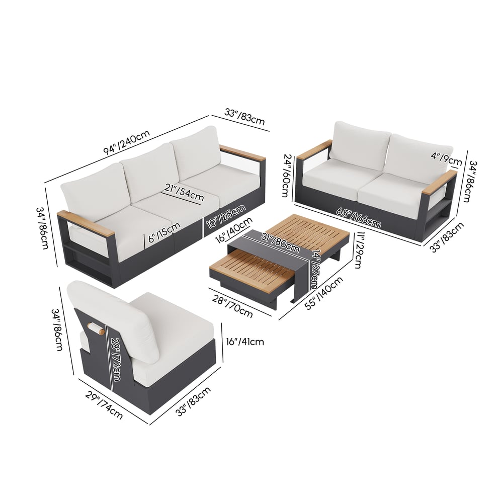 Tevara 6-Person Outdoor Sofa Set with Wood & Aluminum Frame, Dark Gray & Warm White weights dimensions image