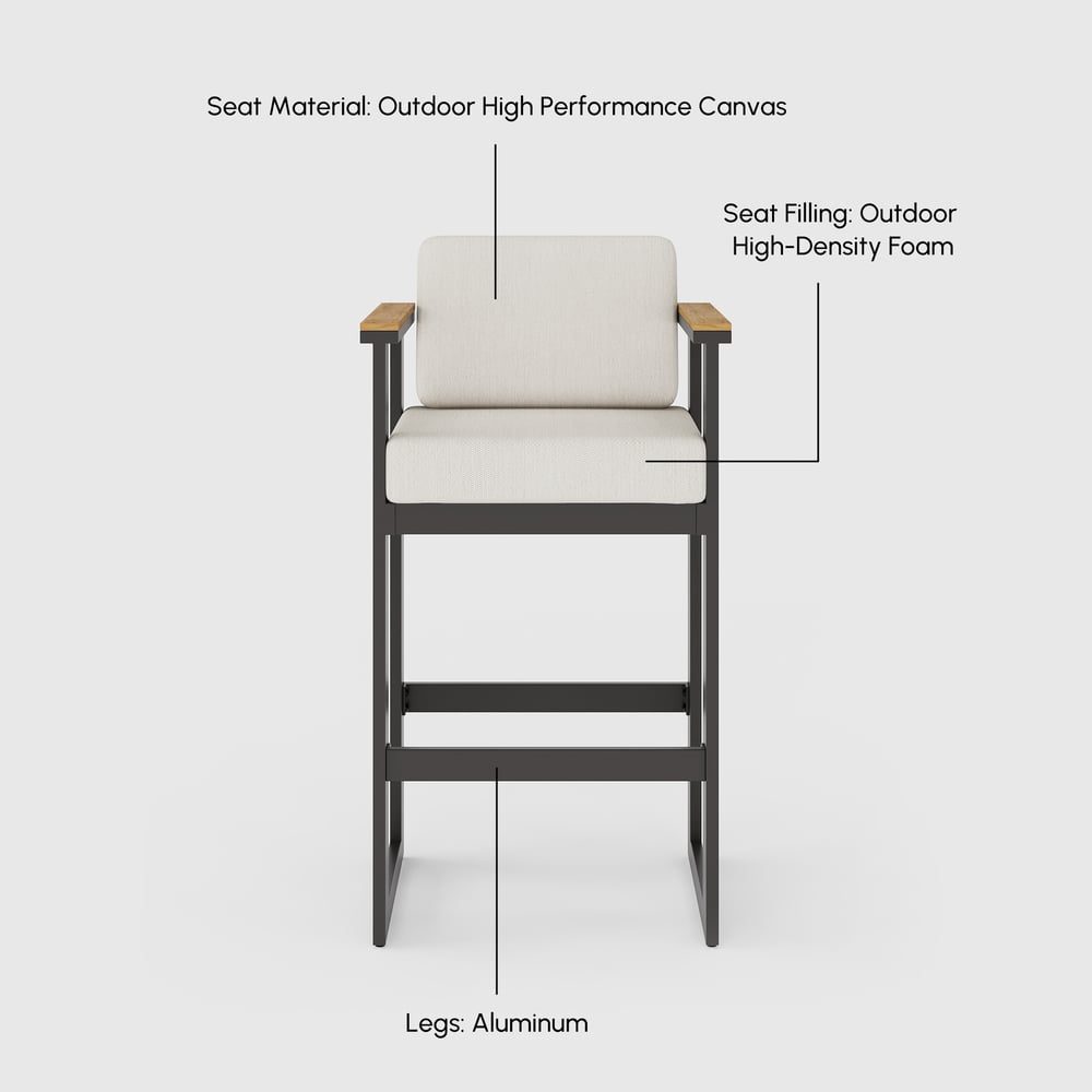 Tevara Teakhouten Moderne Outdoor Bar Set Donkergrijs Frame & Warm Wit Kussen Vensterafbeelding