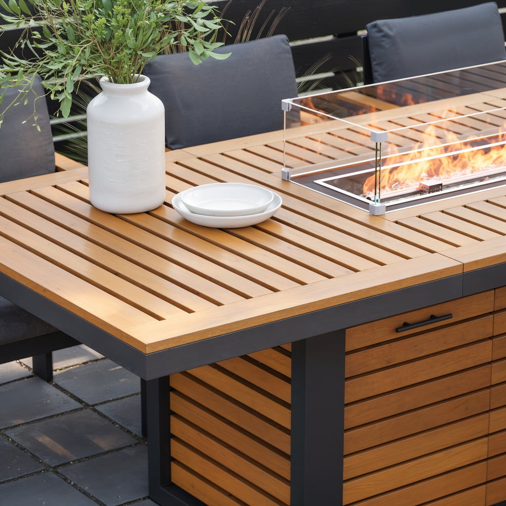 Axis 94.5" Outdoor Propane Fire Pit Dining Table with Hidden Tank & Wind Shield window image