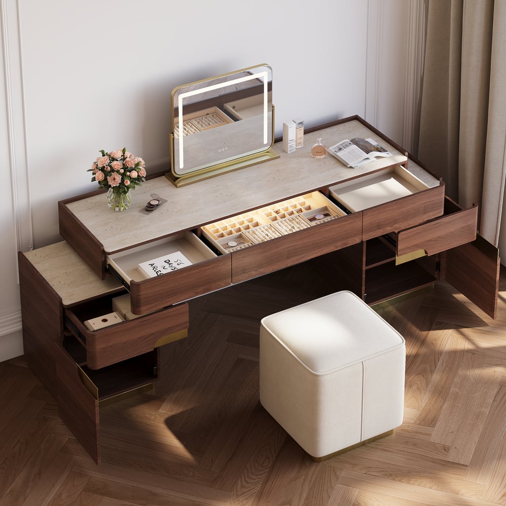 Horva Extendable Walnut Makeup Vanity Set (57"–73") window image