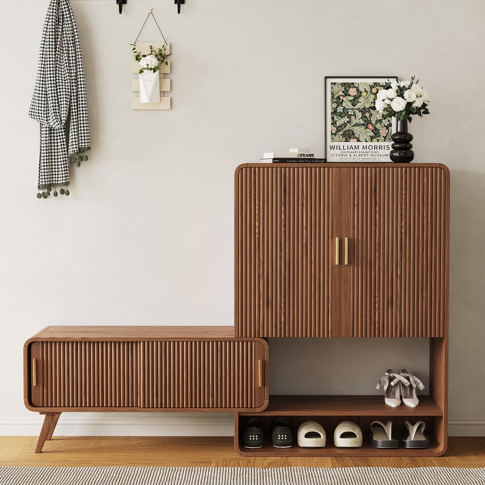 37" Ash Wood Veneer Fluted Shoe Storage Entryway Cabinet, Left Hand window image