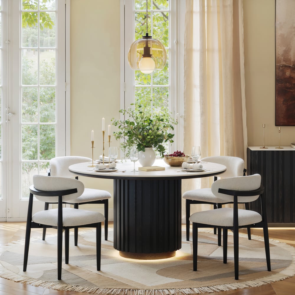 Aura 47" Round Black Faux Travertine Sintered Stone Dining Table, Fluted Base, Seats 4 window image