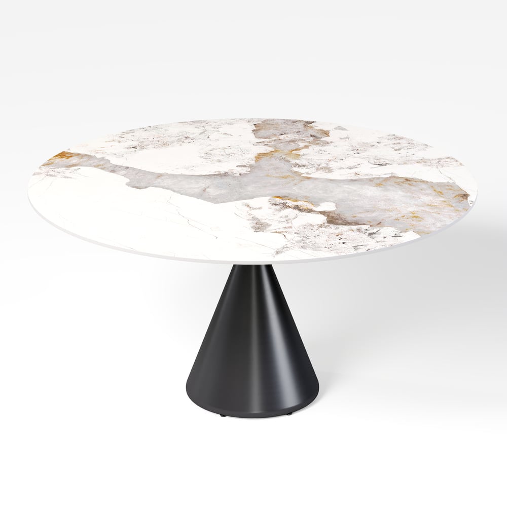 Modern 60" Round Glossy Sintered Stone Dining Table with Black Pedestal Base, Seats 6 window image