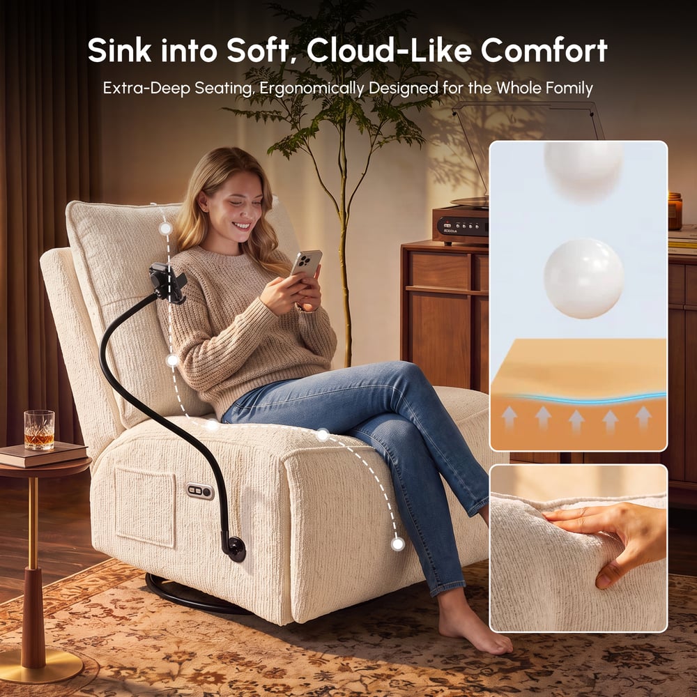Performance Chenille Power Swivel Rocker Recliner Accent Chair with Phone Holder window image