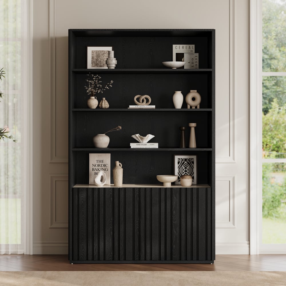 Aura 47" Ash Wood Fluted Bookcase With Sintered Stone Top window image