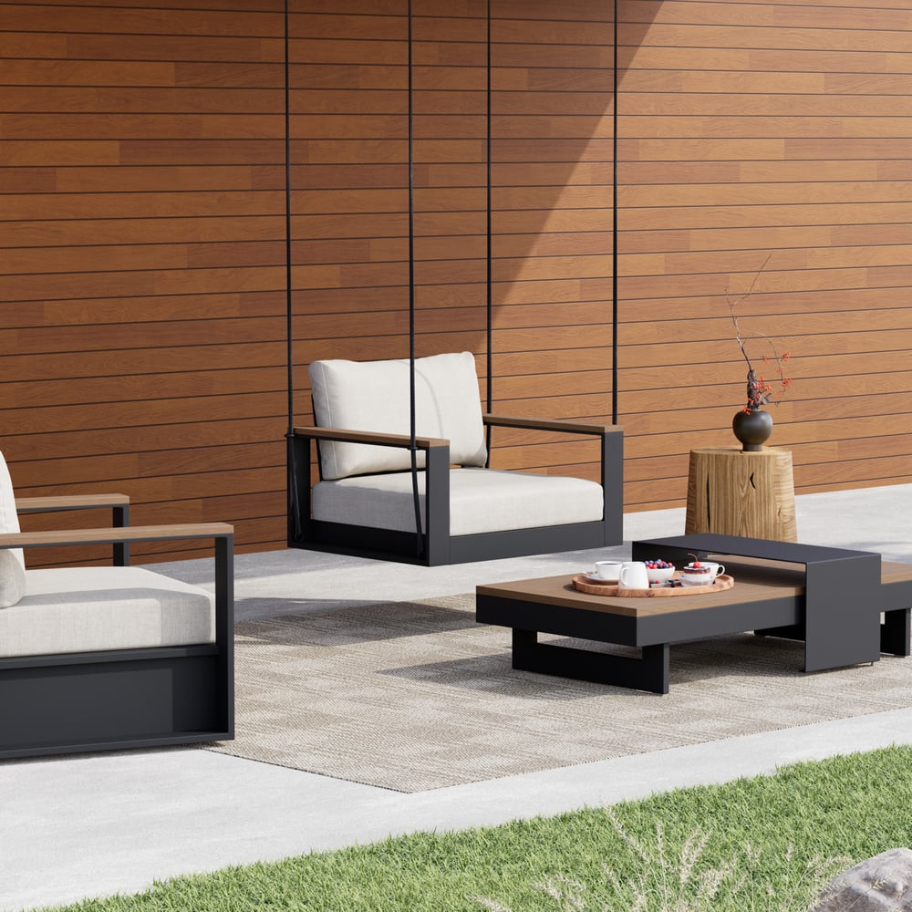 Tevara Outdoor Swing Sofa in Warm White with Cushion & Black Cover window image