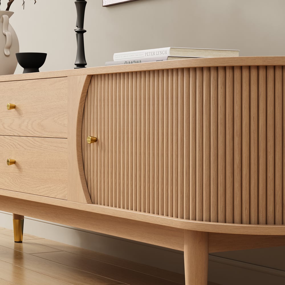 80" Ash Wood Fluted Natural TV Stand with Storage window image