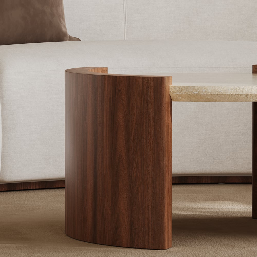 Table basse ronde en noyer de 28 pouces avec plateau en travertin image de fenêtre