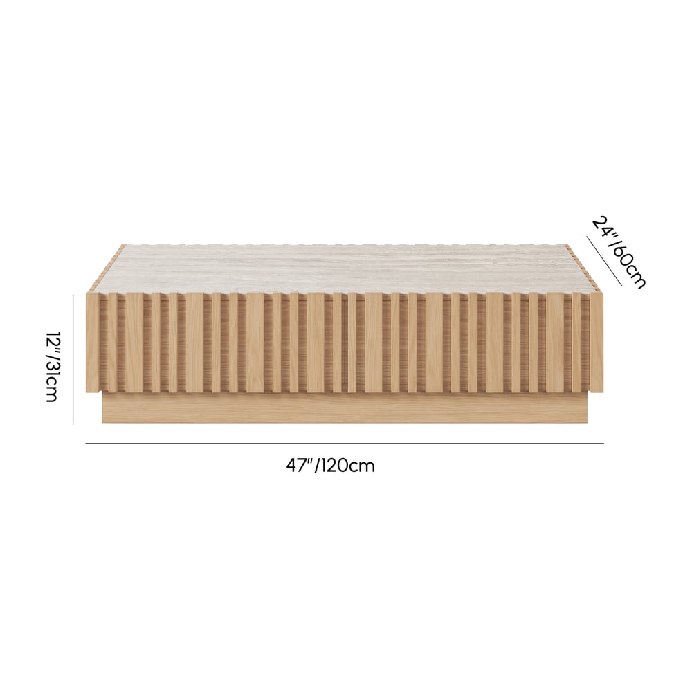 Table basse à lattes Aura 47" en bois de frêne avec plateau en pierre frittée Poids, dimensions, image