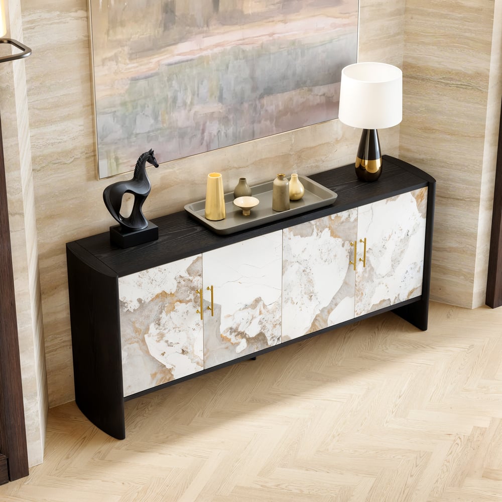 Modern 72" Sintered Stone Sideboard with Oak Wood Frame & Adjustable Shelves window image