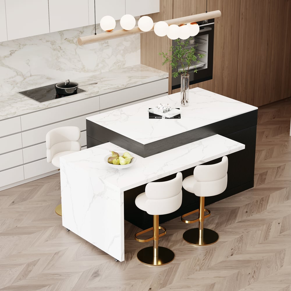 Isla de cocina de madera moderna extensible de 81''-112" con almacenamiento, blanco y negro Imagen de ventana
