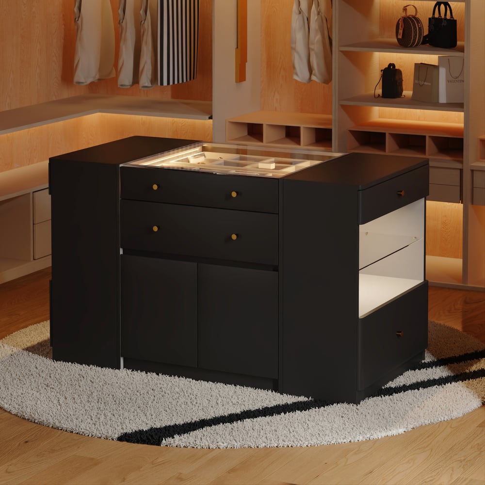 Selvo Saddle Leather Black Closet Island with Storage, Light and Jewelry Display window image