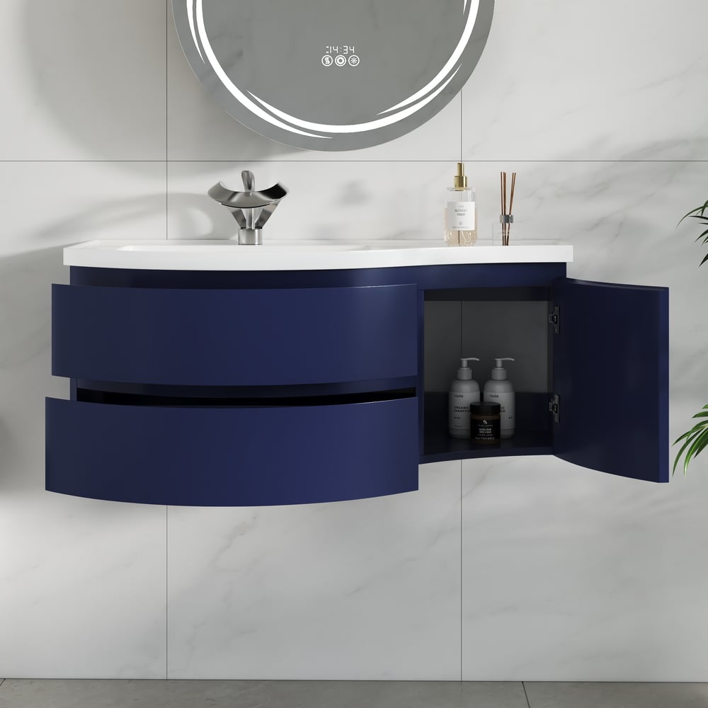 Toucadouro de casa de banho individual flutuante azul marinho de 35" com lavatório, tampo de resina de pedra, conjunto de 2 Imagem da janela