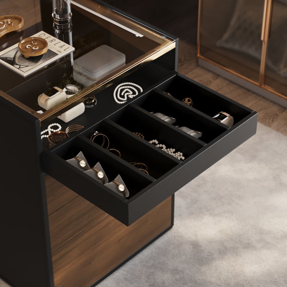 Saddle Leather 7-Dresser Walk-In Closet Island with Light & Jewelry Display window image