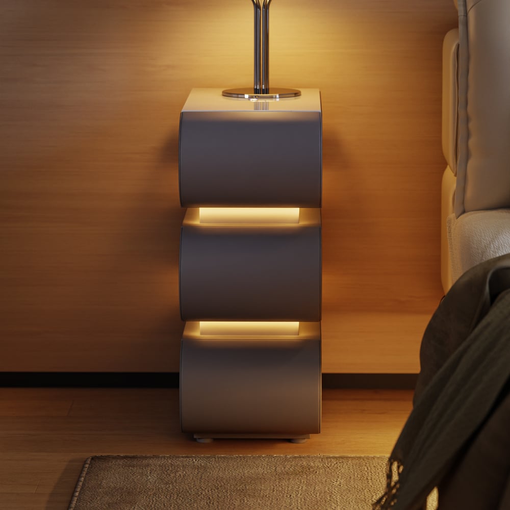 Narrow Humply Leather 3-Drawer Smart Nightstand with Sintered Stone Top window image