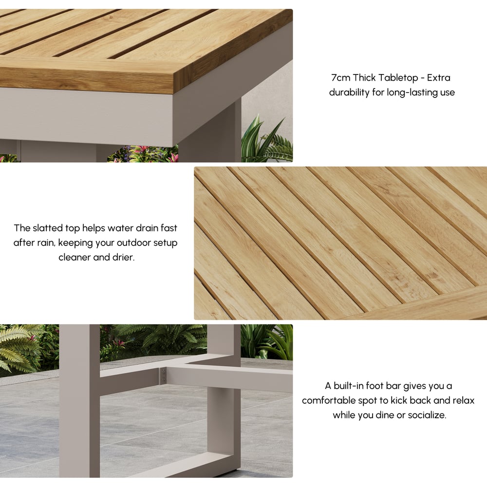 Tevara Outdoor Square Bar Table with Teak Wood Slat Top & Aluminum Frame in Sand window image
