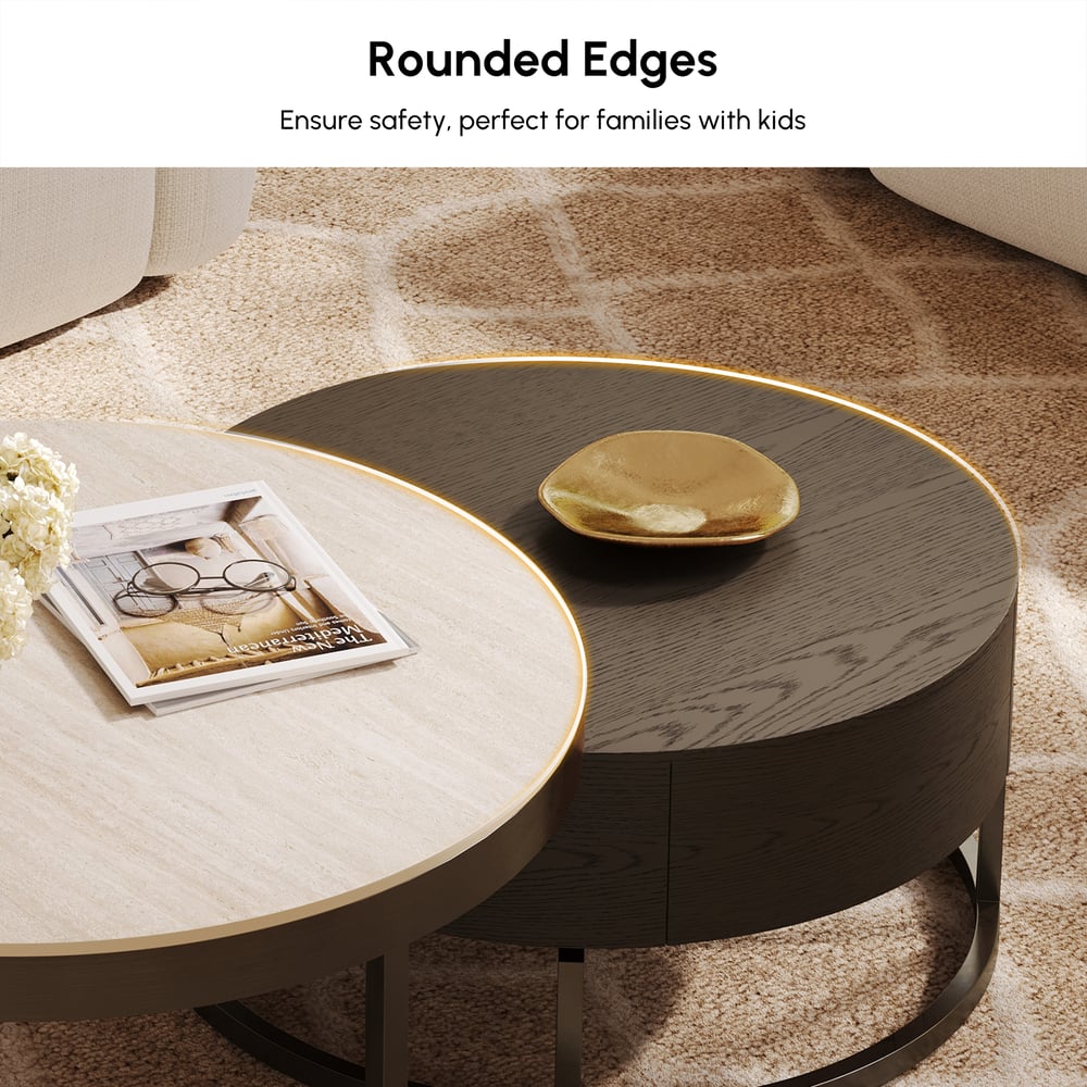 Ensemble de 2 tables basses gigognes rondes Nesnesis de 28" à 32" en noyer avec plateau en pierre frittée image de fenêtre