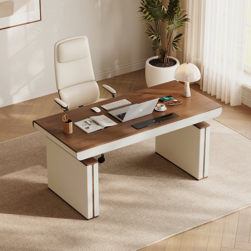 160 cm Height Adjustable Electric Standing Desk with Walnut Top and Leather-Wrapped Legs window image